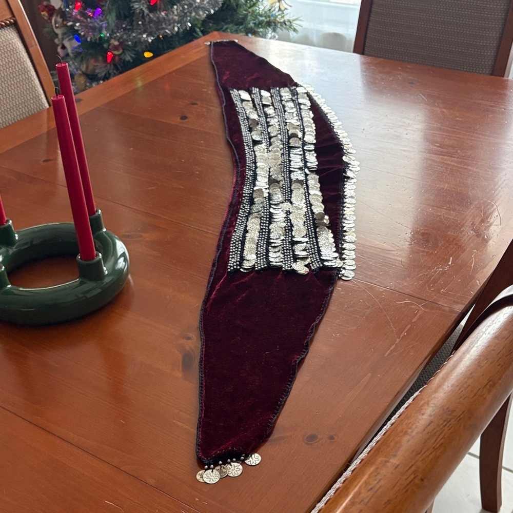 Burgundy Velvet Hip Scarf with Silver Coins for belly dancing or costume